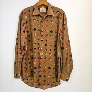 VTG Atelier Sab Men's Buttons Design Tan Long Sleeve Shirt Size L Unique‎ Funky